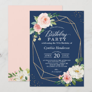 Navy Blue Blush Floral Adult Birthday Party Invitation