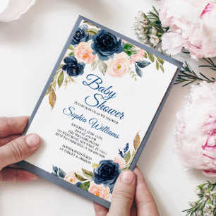Navy Blue & Blush Floral Baby Shower Invitation
