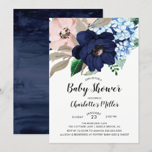 Navy Blue & Blush Floral Baby Shower Invitation