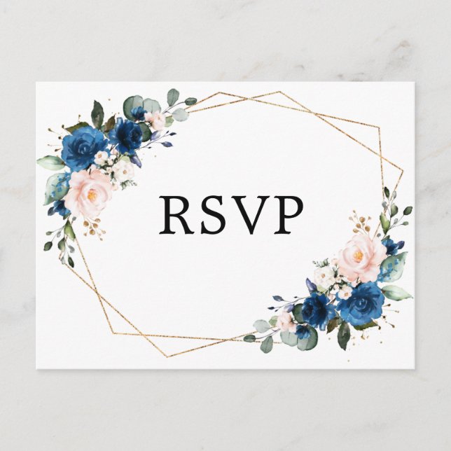 Navy Blue Blush Floral Botanical Geometric RSVP Postcard (Front)