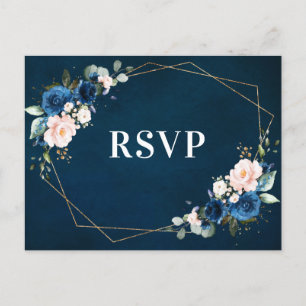 Navy Blue Blush Floral Botanical Geometric RSVP Postcard