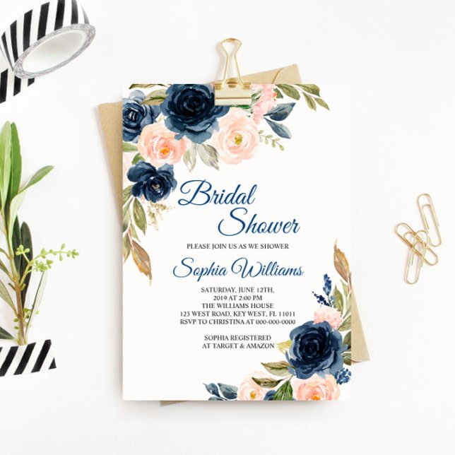 Navy Blue & Blush Floral Bridal Shower Invitation (Creator Uploaded)