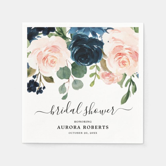 Navy Blue Blush Floral Bridal Shower paper Napkins (Front)