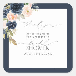 Navy Blue & Blush Floral Bridal Shower Thank You Square Sticker