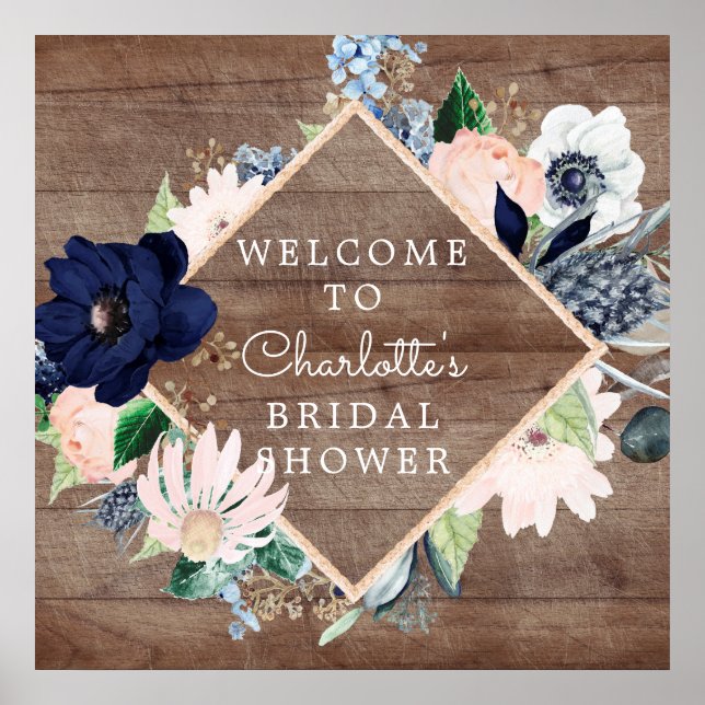 Navy Blue Blush Floral Bridal Shower Welcome Poster (Front)