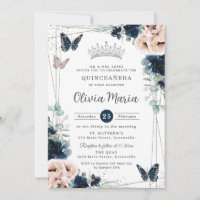 Navy Blue Blush Floral Butterflies Quinceañera