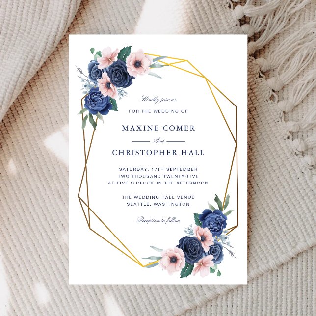 Navy Blue & Blush Floral Geometric Wedding Invitation (Navy blue and blush floral wedding invitation creates a romantic first impression.)