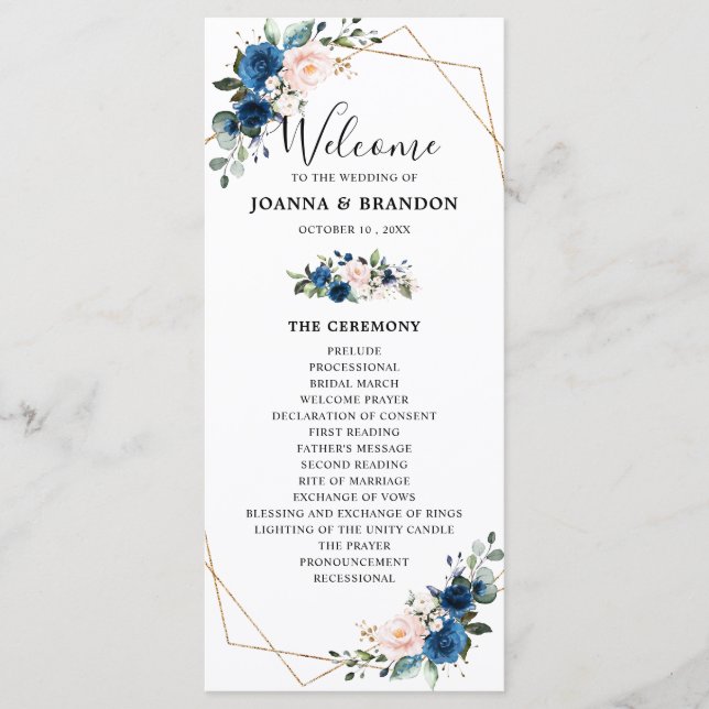 Navy Blue Blush Floral Geometric Wedding Programme (Front)