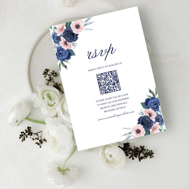 Navy Blue & Blush Floral Geometric Wedding QR Code RSVP Card (Navy blue and blush floral QR code RSVP card adds elegant convenience for guests.)