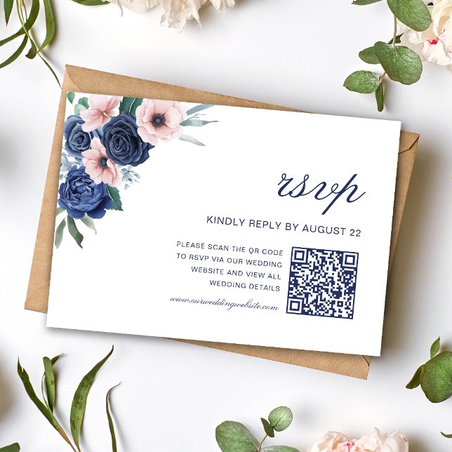 Navy Blue & Blush Floral Geometric Wedding QR Code RSVP Card (Navy blue and blush floral QR code RSVP card makes guest responses effortless.)