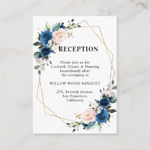 Navy Blue Blush Floral Geometric Wedding Reception Enclosure Card