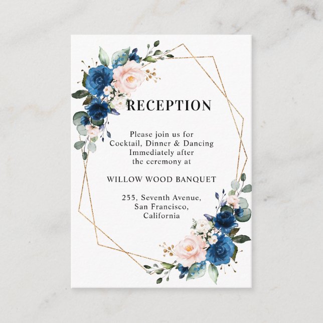 Navy Blue Blush Floral Geometric Wedding Reception Enclosure Card (Front)