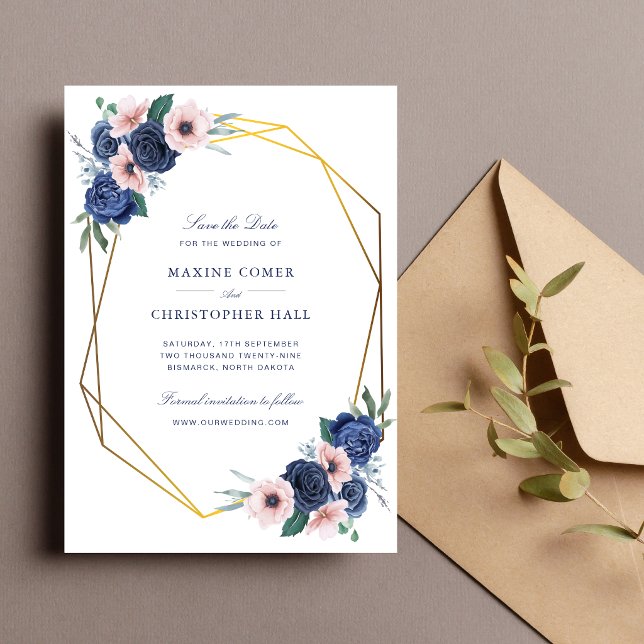 Navy Blue & Blush Floral Geometric Wedding Save The Date (Navy blue and blush floral save the date announces your wedding with elegant charm.)