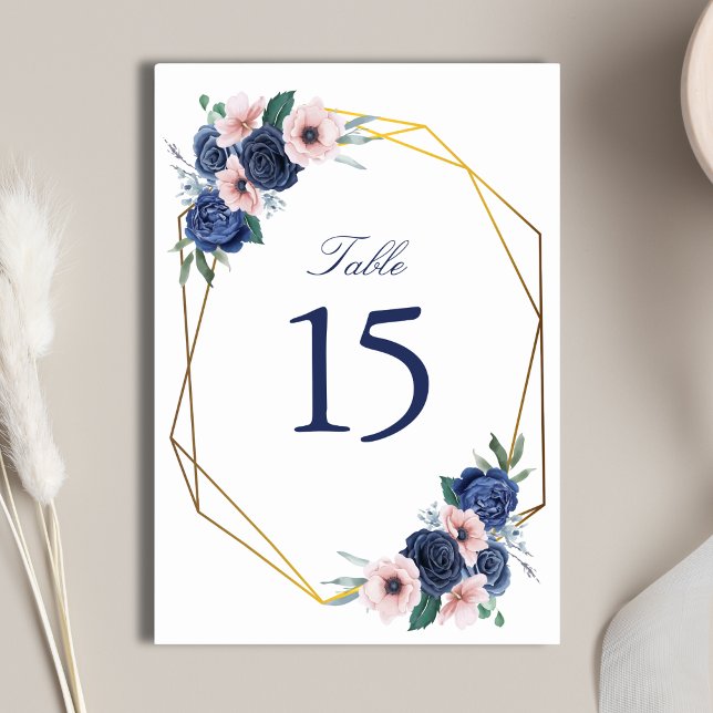 Navy Blue & Blush Floral Geometric Wedding Table Number (Navy blue and blush floral table numbers add elegant style and easy guest seating.)