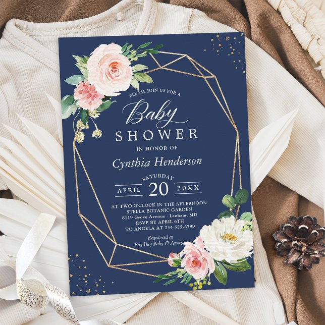 Navy Blue Blush Floral Gold Geometric Baby Shower Invitation (Creator Uploaded)