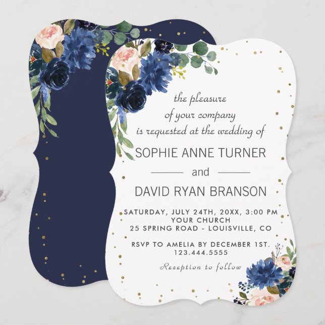 Navy Blue Blush Floral Gold Glitter Wedding Invitation (Front/Back)