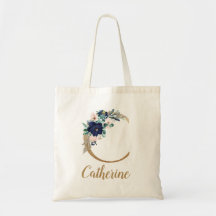Navy Blue Blush Floral Gold Letter C