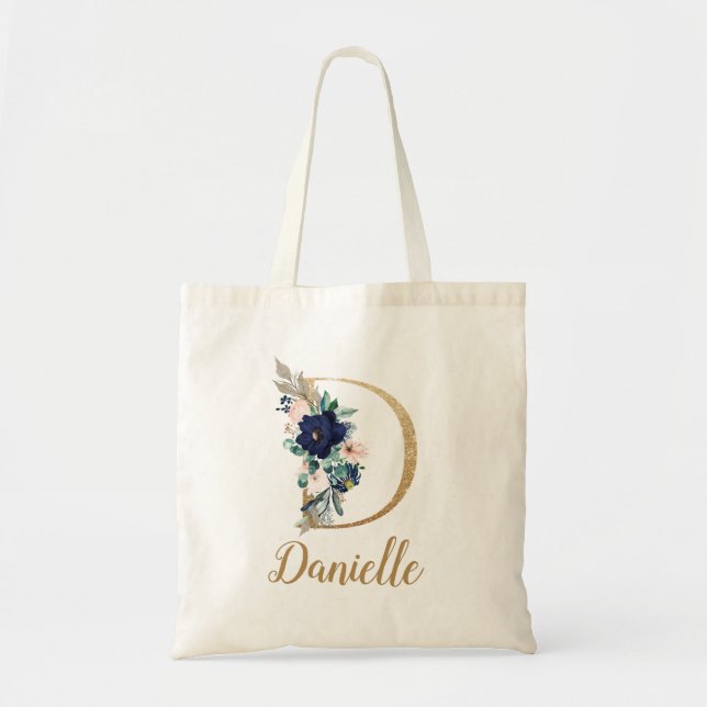 Navy Blue Blush Floral Gold Letter D Tote Bag (Front)