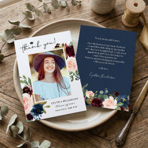 Navy Blue Blush Floral Graduation Photo Thank You Card