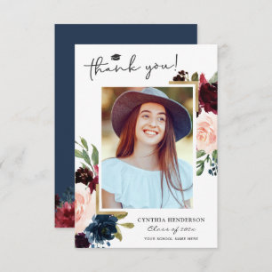 Navy Blue Blush Floral Graduation Photo Thank You Card