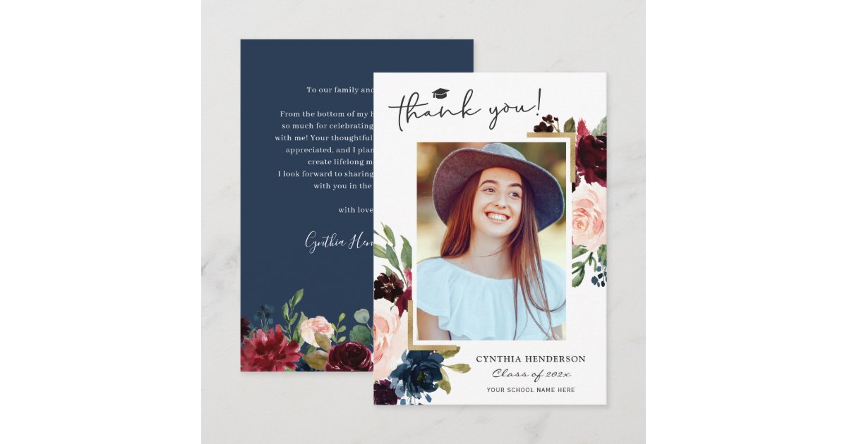 Navy Blue Blush Floral Graduation Photo Thank You Card | Zazzle
