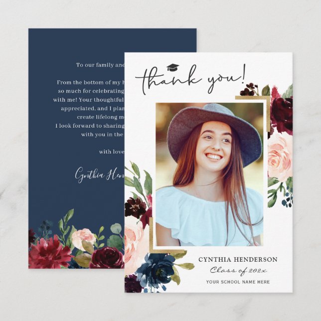 Navy Blue Blush Floral Graduation Photo Thank You Card (Front/Back)