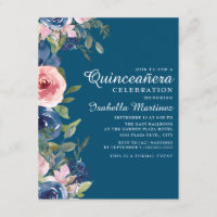Navy Blue Blush Floral Green Leaves Quinceañera