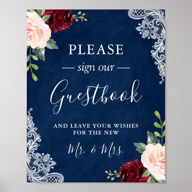 Navy Blue Blush Floral Lace Wedding Guestbook Sign (Front)