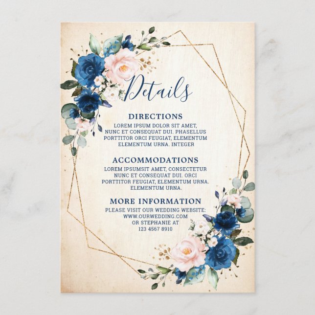 Navy Blue Blush Floral Rustic Geometric Wedding Enclosure Card (Front)