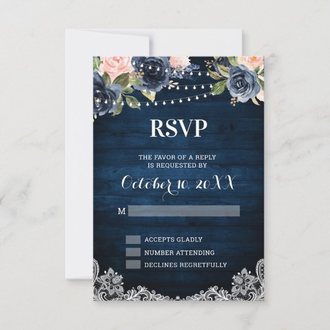 Navy Blue Blush Floral Rustic String Light RSVP (Front)