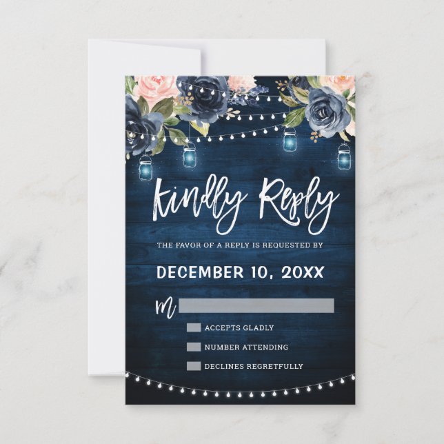 Navy Blue Blush Floral Rustic String Light RSVP Card (Front)