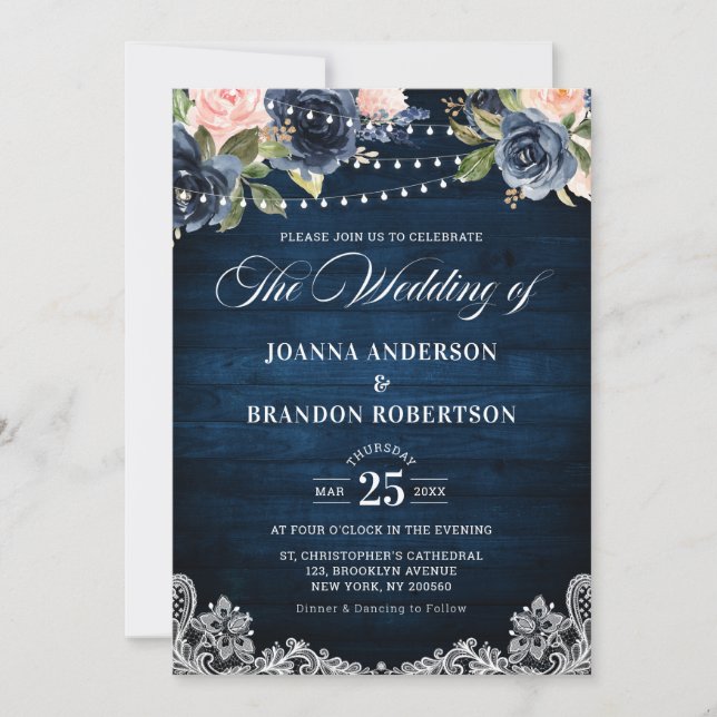 Navy Blue Blush Floral Rustic String Light Wedding Invitation (Front)