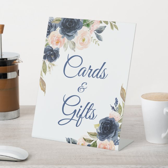 Navy Blue & Blush Floral Shower Cards and Gifts Pedestal Sign (In SItu)