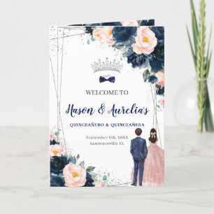 Navy Blue Blush Floral Twins Boy Girl Quinceañera Programme
