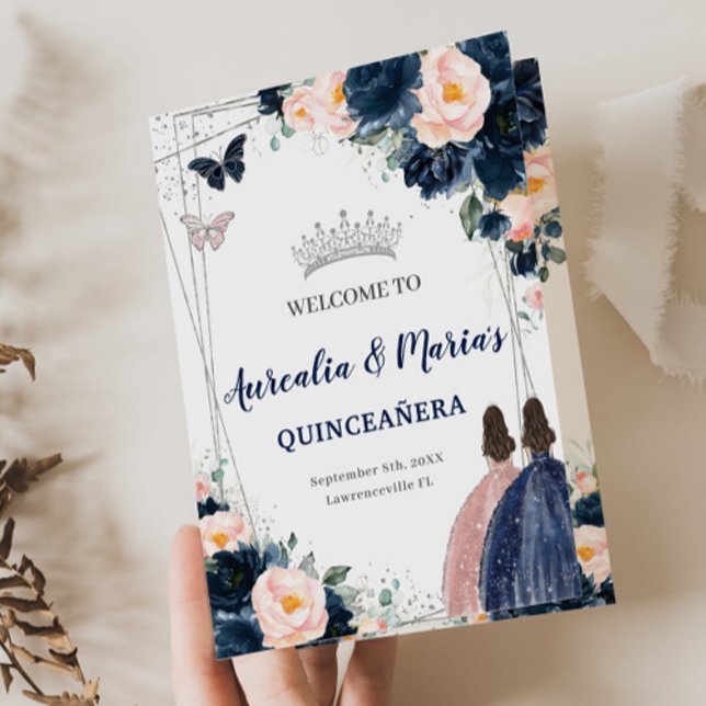 Navy Blue Blush Floral Twins Princess Quinceañera Programme (Creator Uploaded)