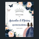 Navy Blue Blush Floral Twins Silver Quinceañera  Poster<br><div class="desc">Personalise this lovely welcome sign with your own wording easily and quickly. Simply click the Edit Using Design Tools button to further edit the text, wording, font style, font size, font colour, add more text, move or remove some images. The butterflies, quince girls and crown are moveable, resizable, multipliable and...</div>