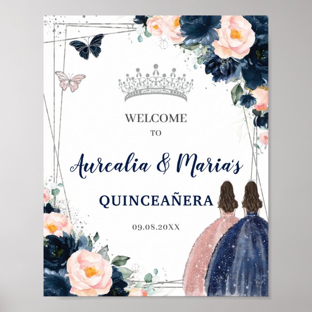 Navy Blue Blush Floral Twins Silver Quinceañera  Poster (Front)