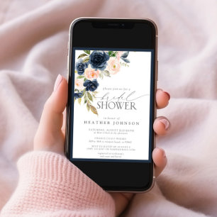 Navy Blue & Blush Floral Watercolor Bridal Shower Invitation