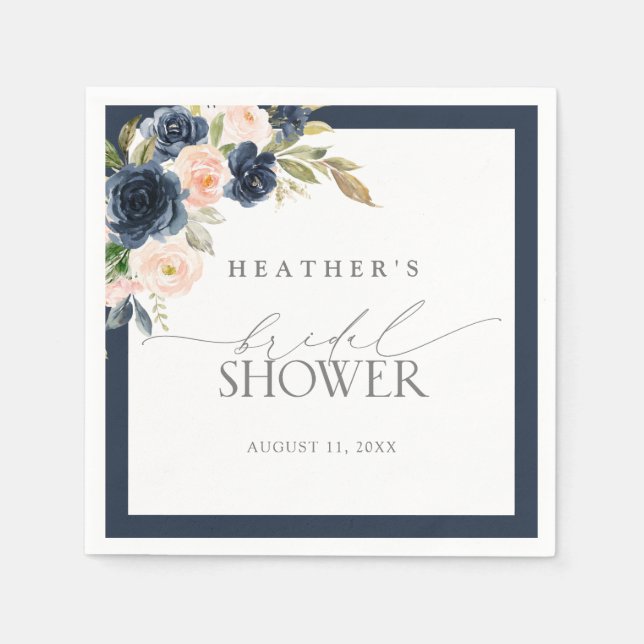 Navy Blue & Blush Floral Watercolor Bridal Shower Napkin (Front)