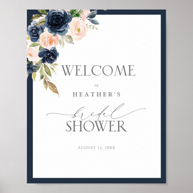 Navy Blue & Blush Floral Watercolor Shower Welcome Poster (Front)