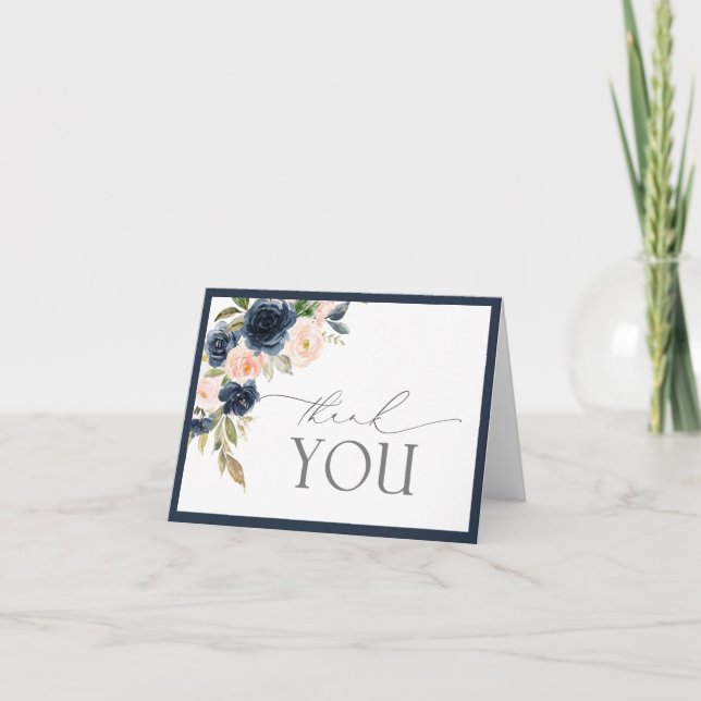 Navy Blue & Blush Floral Watercolor Thank You Card (Front)