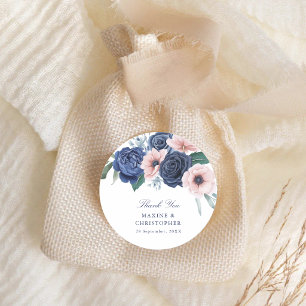 Navy Blue & Blush Floral Wedding Classic Round Sticker