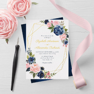 Navy Blue Blush Floral Wedding Geometric Gold