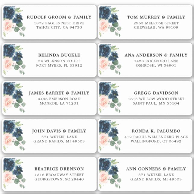 Navy Blue Blush Floral Wedding Guest Address (Front)