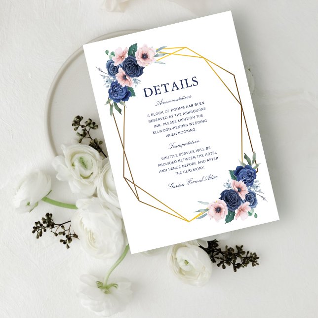 Navy Blue & Blush Floral Wedding Information Enclosure Card (Navy blue and blush floral enclosure card shares wedding details with elegant style.)