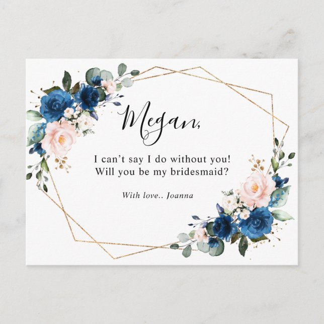 Navy Blue Blush Floral Will You Be My Bridesmaid Postcard (Front)