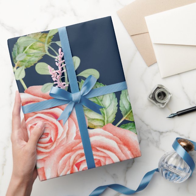 Navy Blue Blush Floral Wrapping Paper (Gifting)