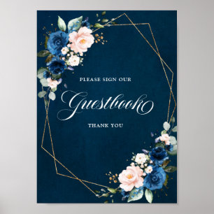 Navy Blue Blush Geometric Sign Guestbook Poster