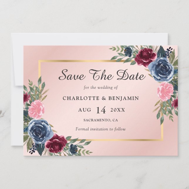 Navy Blue Blush Gold Burgundy Floral Wedding Save The Date (Front)