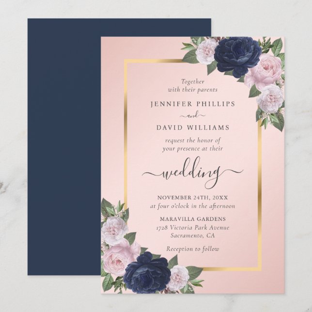 Navy Blue Blush Gold Floral Wedding Invitation (Front/Back)